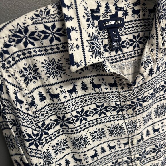 Lands End Reindeer Womens Button Flannel Top Size 12 Nordic Fair Isle Long Slv - Picture 1 of 6